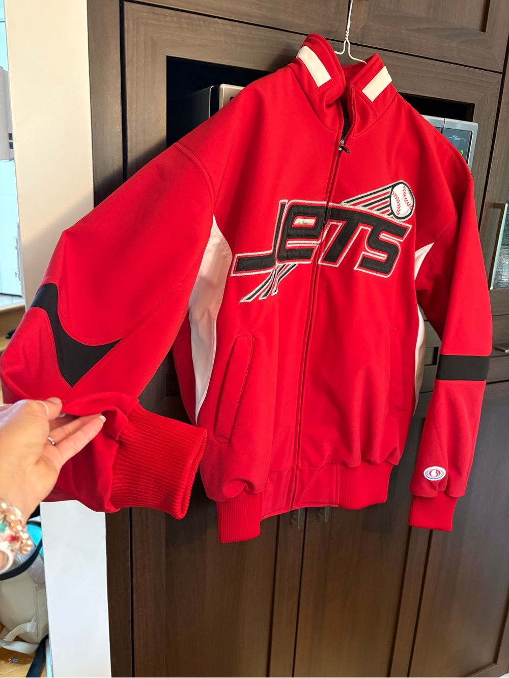 Red baseball ' Zip-Front 'Jets' Sports Hoodie. Never worn
